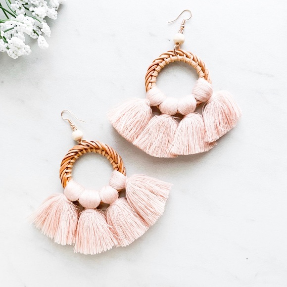 Jewelry - rattan straw & blush tassel dangle earrings